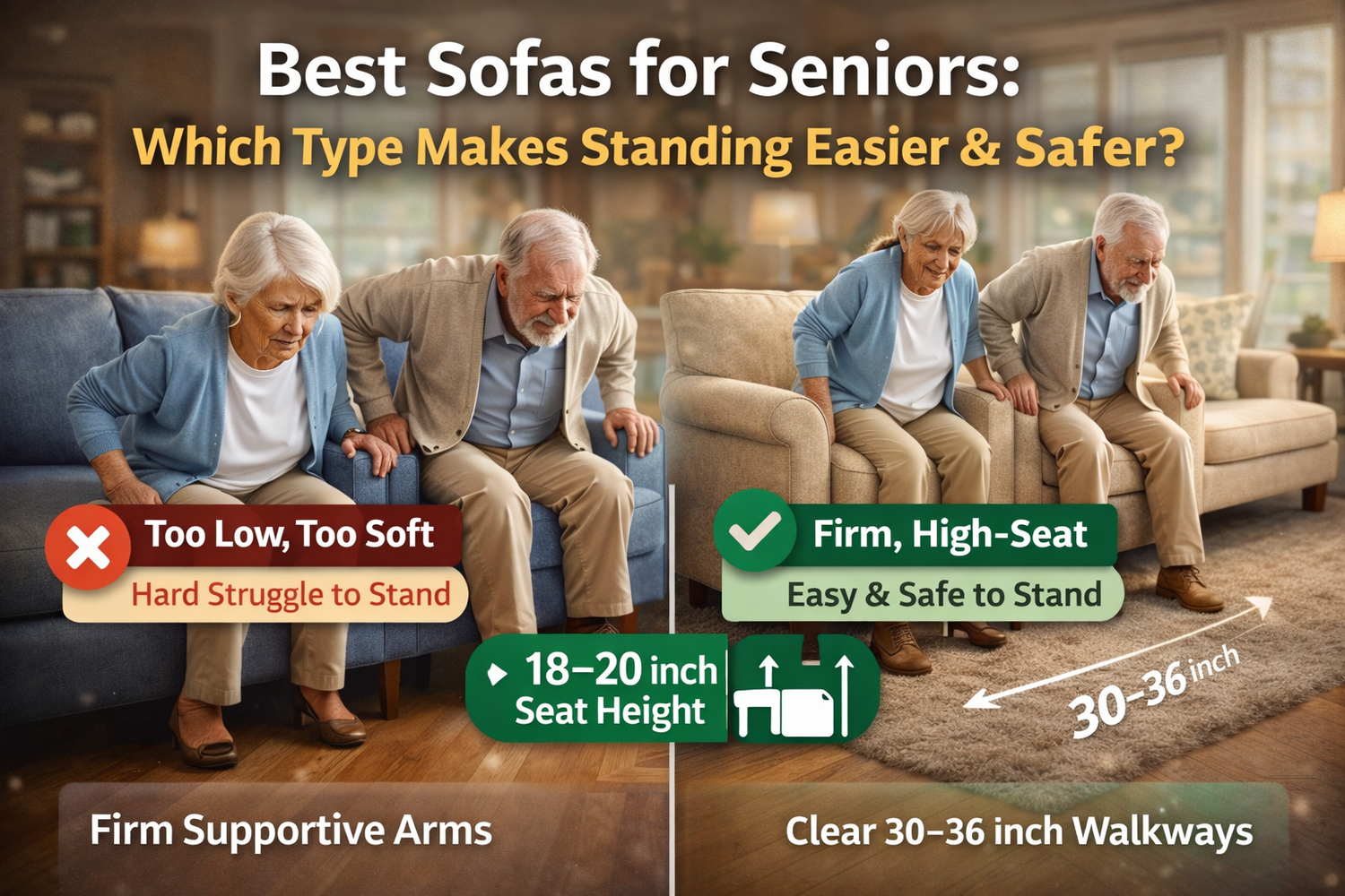 Best sofa for seniors comparison showing low soft couch vs firm high-seat sofa with 18–20 inch seat height and clear 30–36 inch walkway for safer sit-to-stand and fall prevention