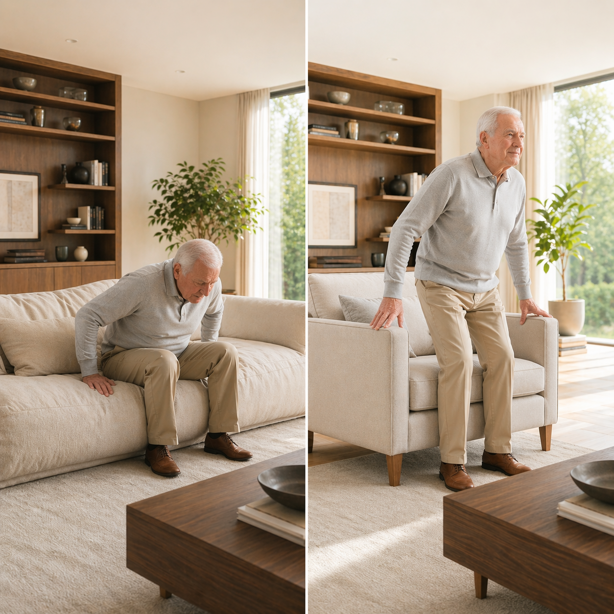 best sofa for retirees showing supportive high seat couch vs low soft sofa for easier daily use