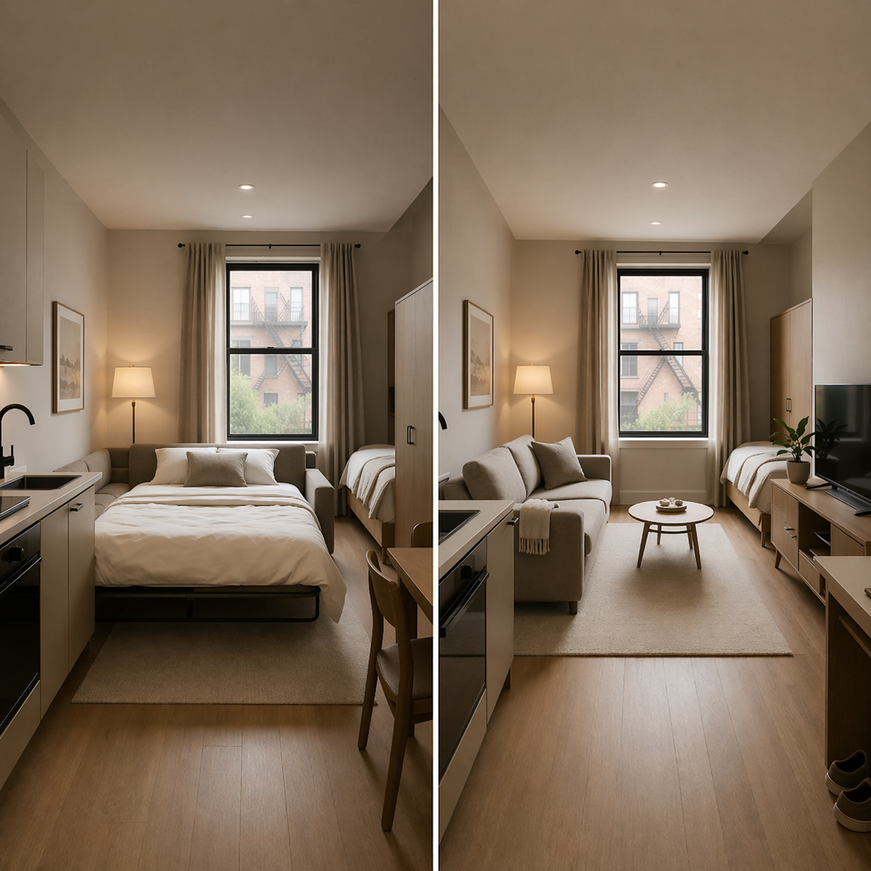 sleeper sofa vs couch for studio apartment showing space efficiency and usable layout difference in small living space