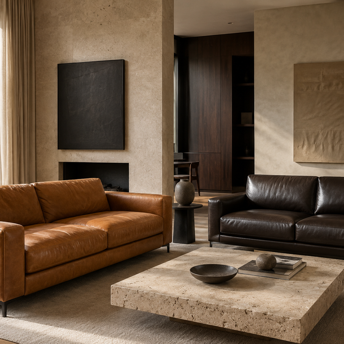 Modern leather sofa comparison showing natural breathable semi-aniline leather beside a heavily coated leather surface in a refined contemporary home