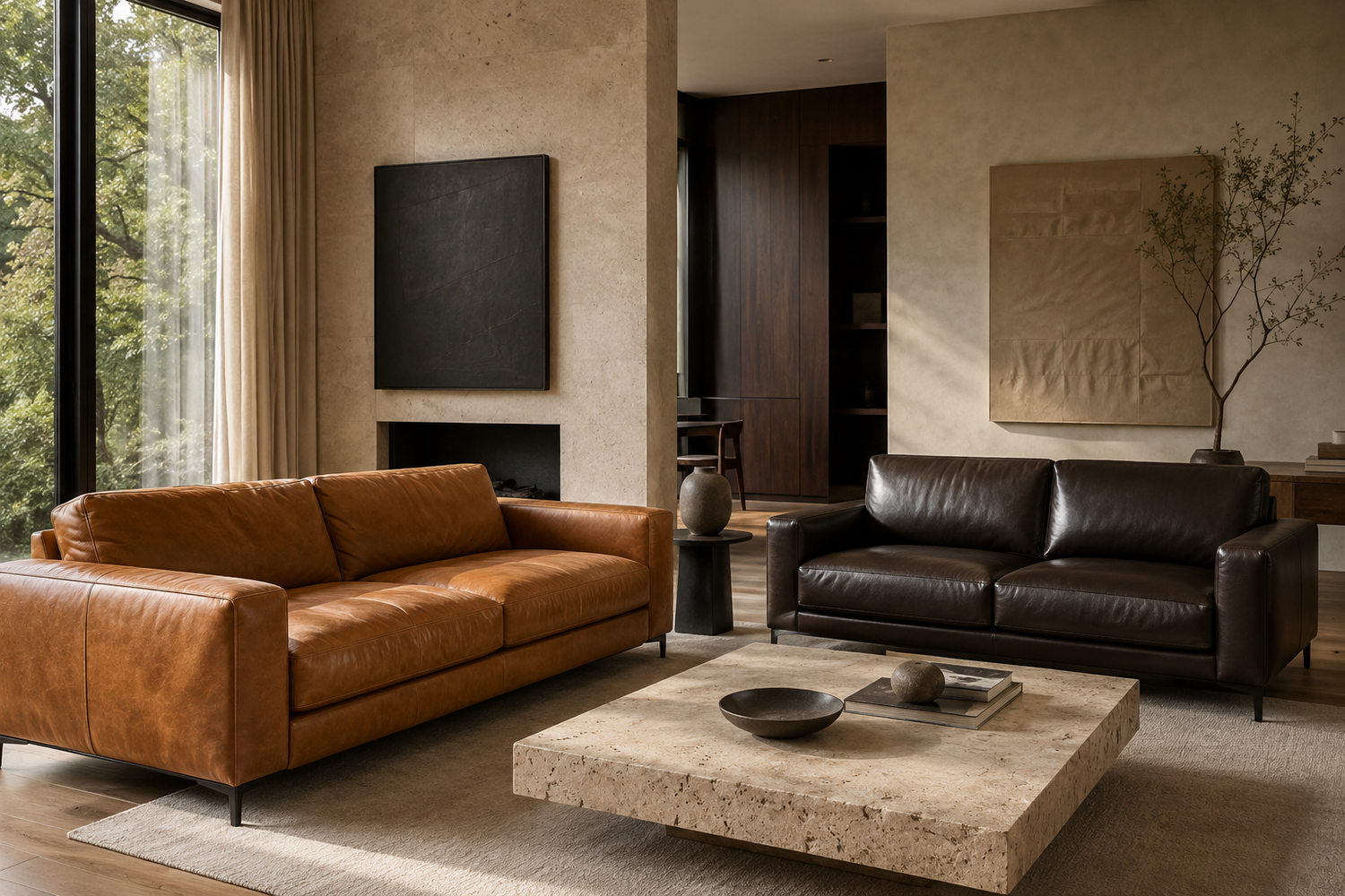 Modern leather sofa comparison showing natural breathable semi-aniline leather beside a heavily coated leather surface in a refined contemporary home