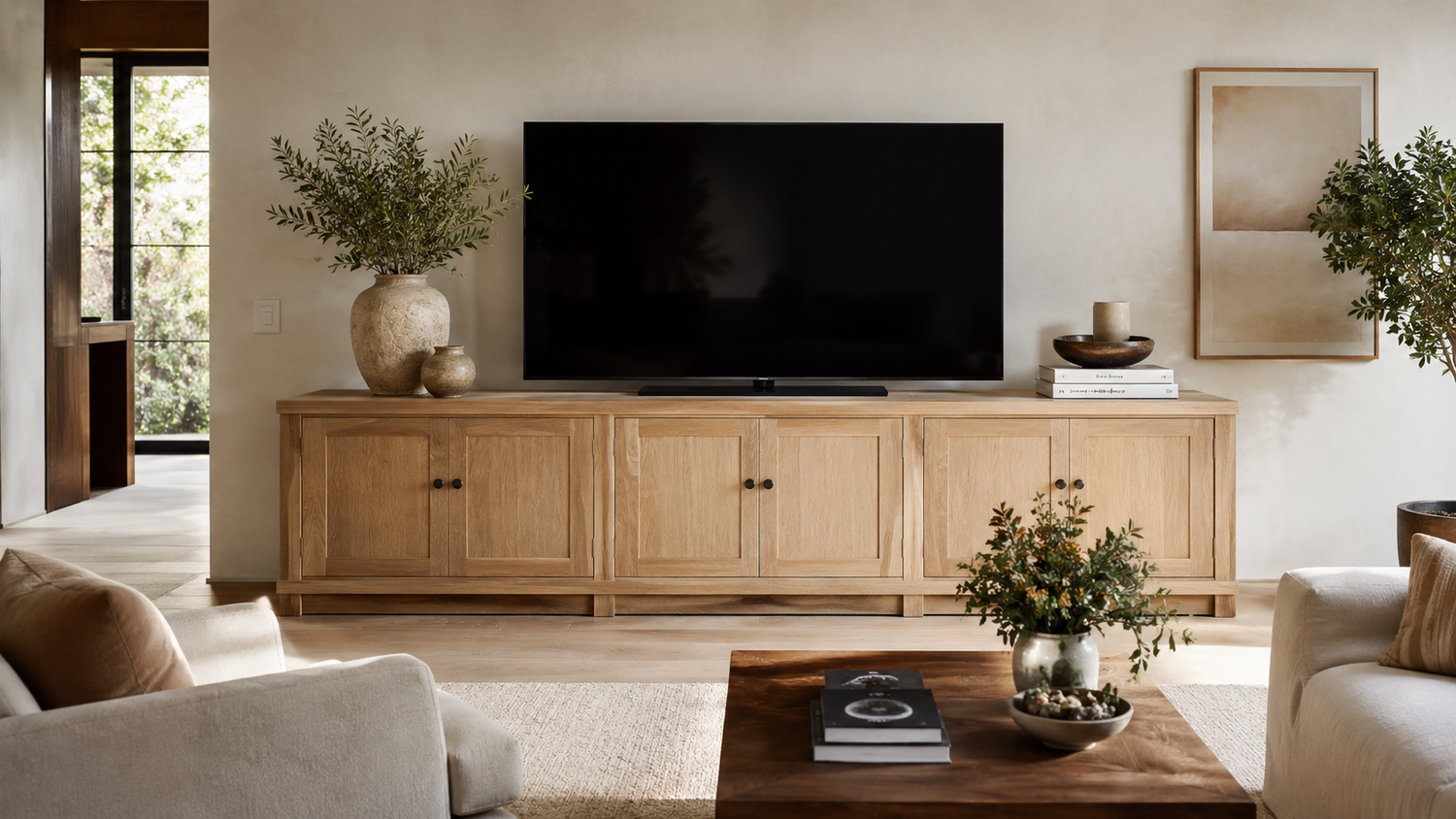 Buffet vs TV stand comparison in a modern living room with television and concealed storage