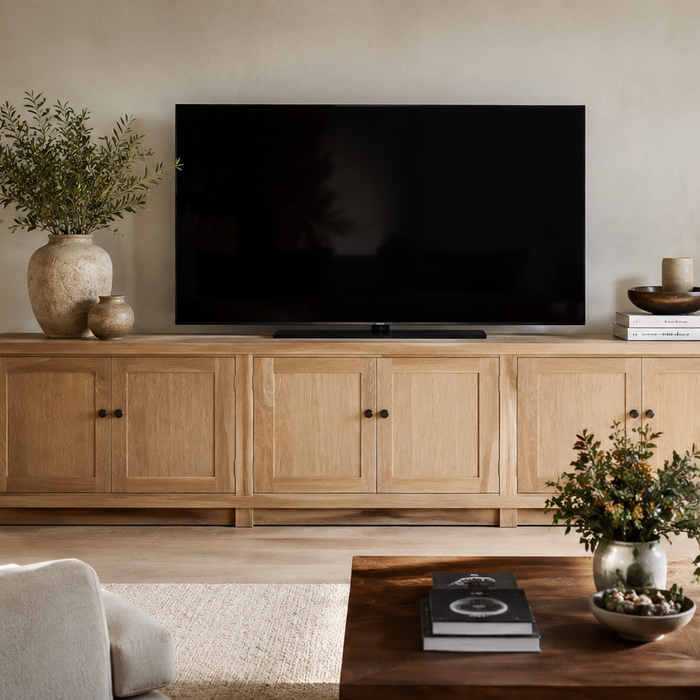 Buffet vs TV stand comparison in a modern living room with television and concealed storage