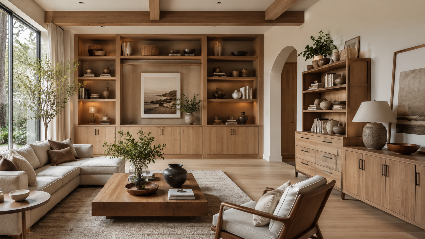 Built-in storage and freestanding storage comparison showing custom built-in cabinetry versus flexible storage furniture in a luxury home