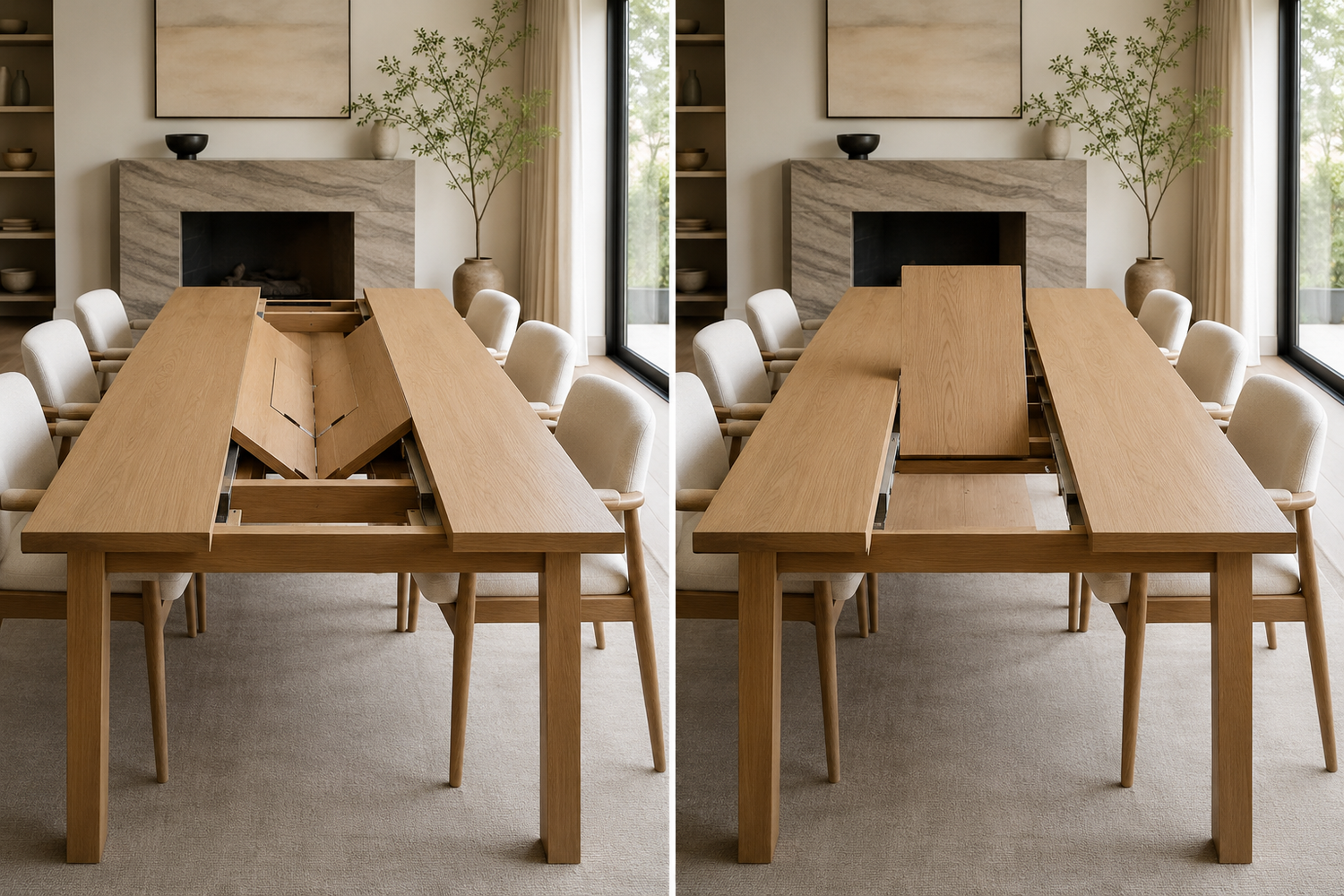 Butterfly leaf vs self-storing leaf dining table comparison showing folding extension leaf, built-in storage, setup convenience, and long-term durability