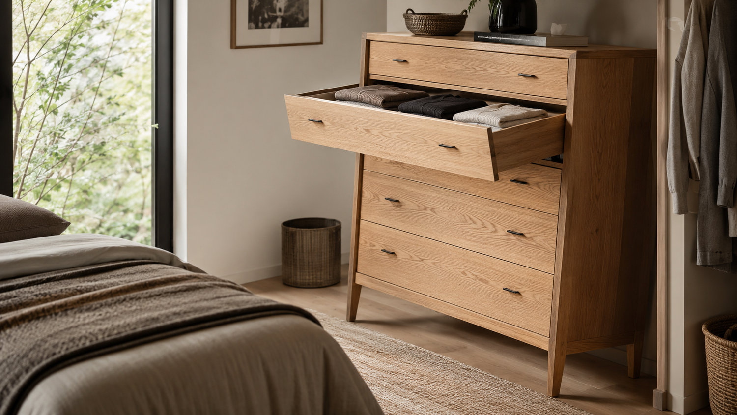 Tip-over risk showing a dresser with an extended drawer shifting the center of mass toward the edge of the support footprint