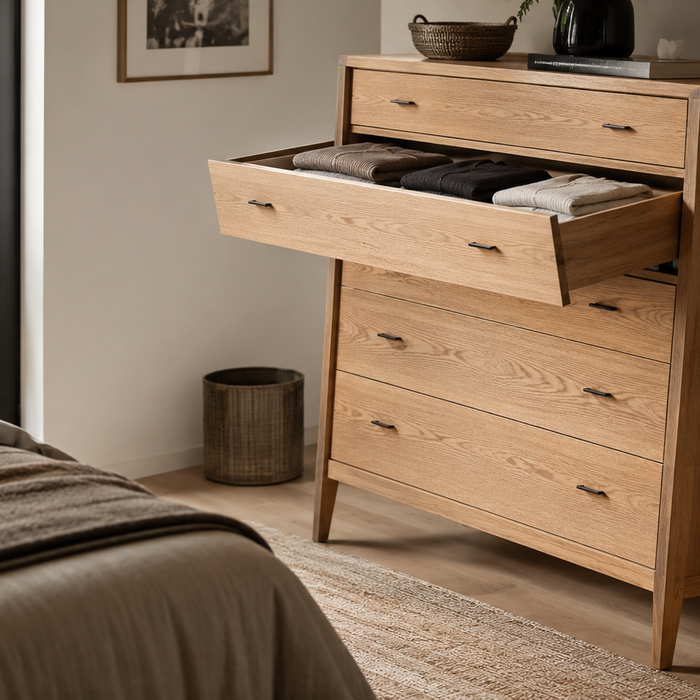 Tip-over risk showing a dresser with an extended drawer shifting the center of mass toward the edge of the support footprint
