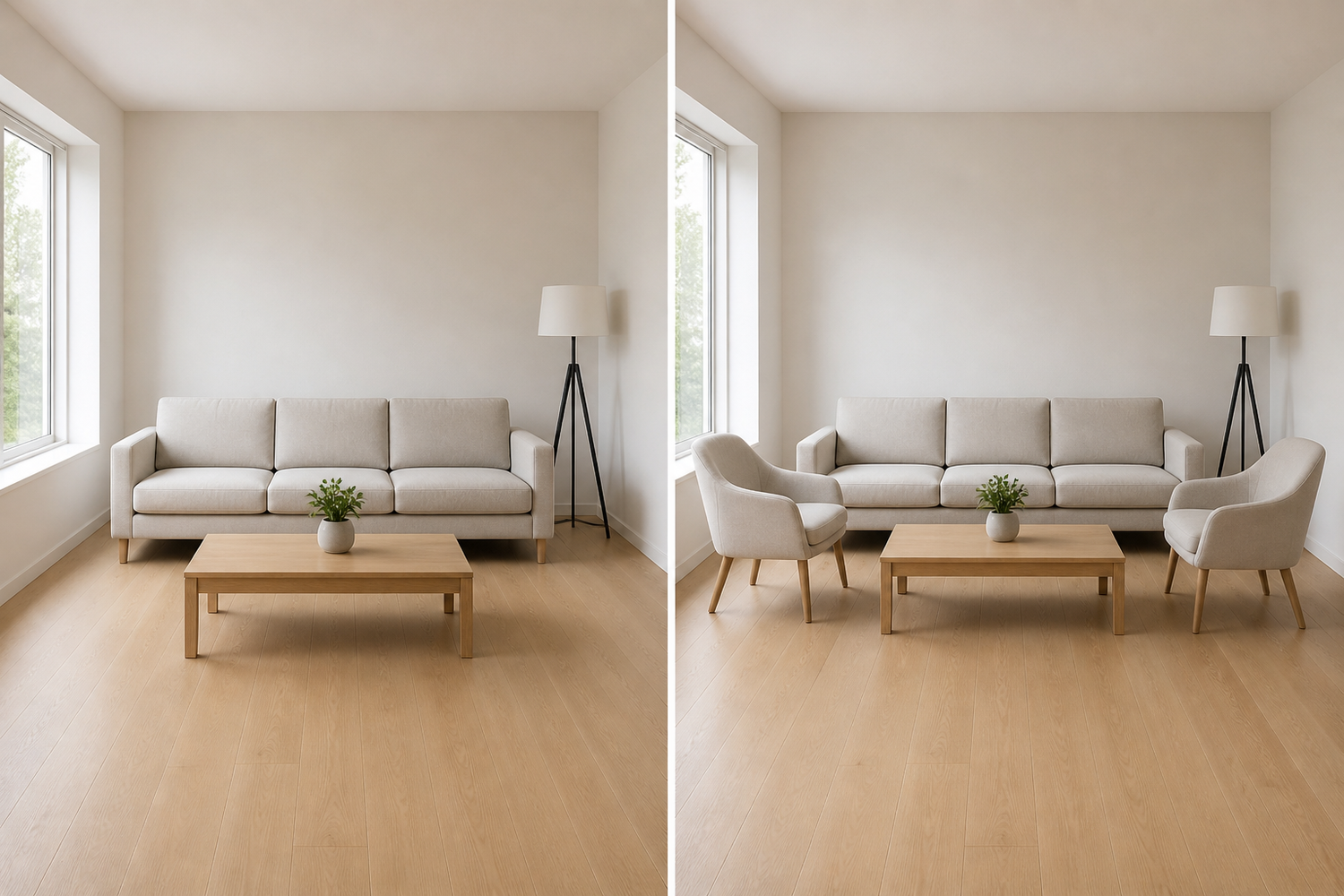 Best living room seating layout showing sofa and chairs arranged for comfort, balance, and open flow