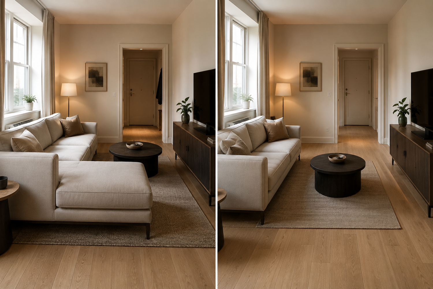 small apartment living room comparing a chaise sofa that compresses circulation with a standard sofa layout that preserves open movement and balanced spacing