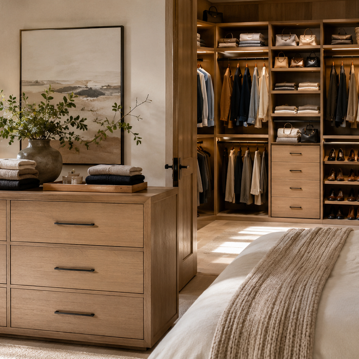 Closet organizer vs dresser comparison showing custom closet storage system and freestanding bedroom dresser in a modern bedroom