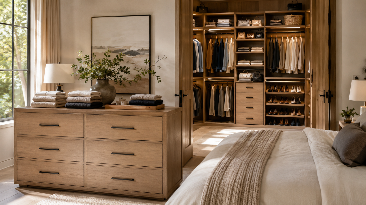 Closet organizer vs dresser comparison showing custom closet storage system and freestanding bedroom dresser in a modern bedroom