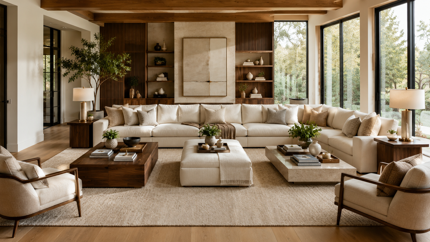 Coffee table alternatives in a luxury living room featuring a coffee table, ottoman, cocktail table, and end tables for different layouts and lifestyles.