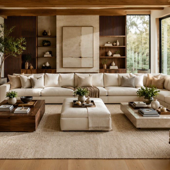 Coffee table alternatives in a luxury living room featuring a coffee table, ottoman, cocktail table, and end tables for different layouts and lifestyles.