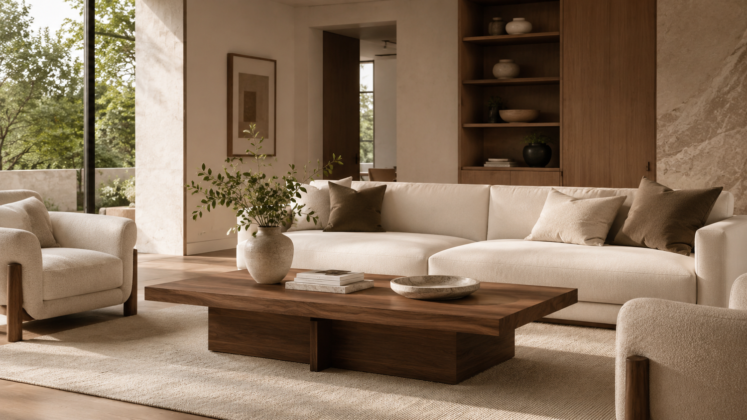 Luxury modern living room with a perfectly proportioned coffee table illustrating the complete coffee table buying guide, including buying decisions, room balance, and everyday functionality.
