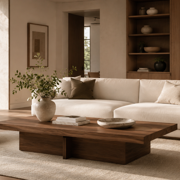 Luxury modern living room with a perfectly proportioned coffee table illustrating the complete coffee table buying guide, including buying decisions, room balance, and everyday functionality.