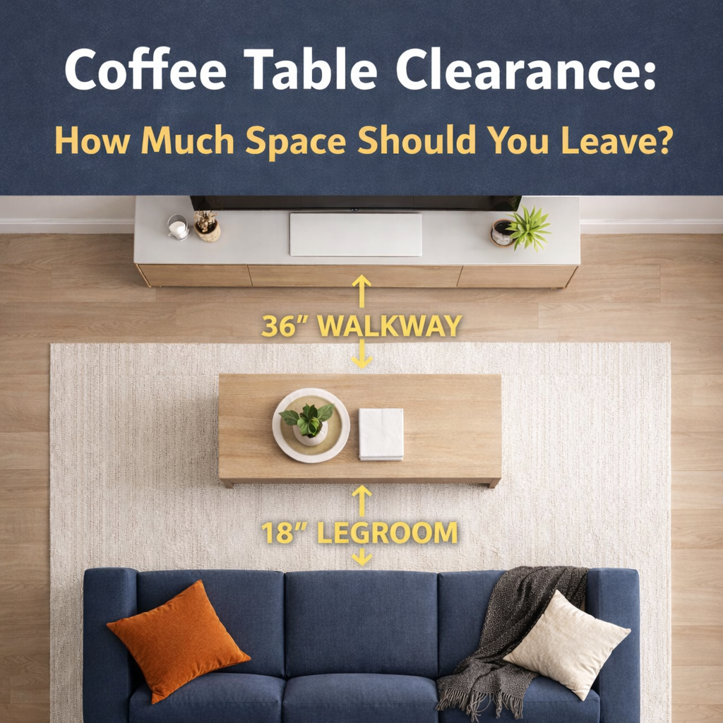 Coffee table clearance diagram showing 36-inch walkway between TV stand and table and 18-inch legroom between sofa and coffee table