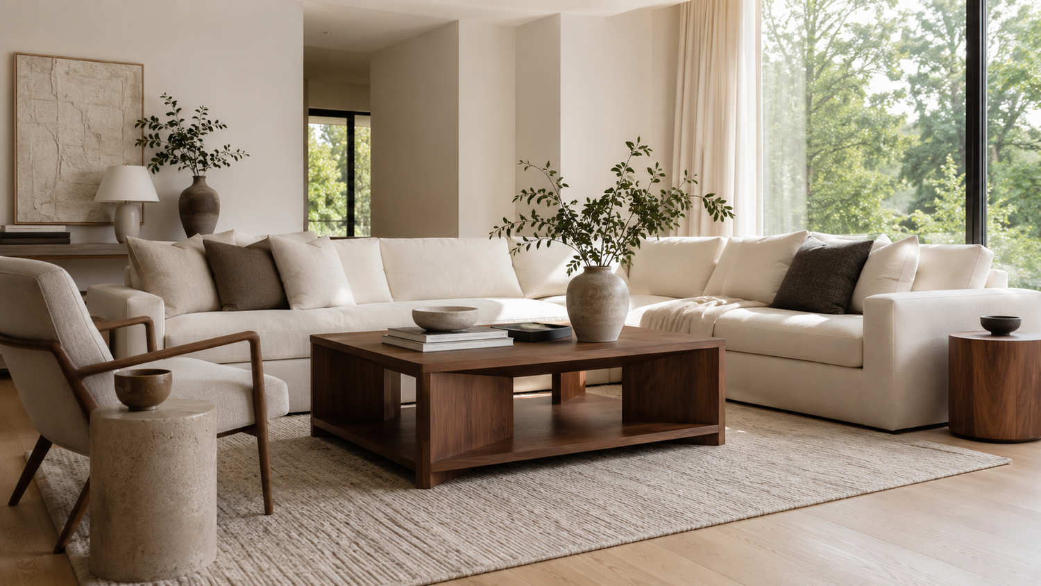 Coffee Table Decision Guide with a modern living room and elegant walnut coffee table.
