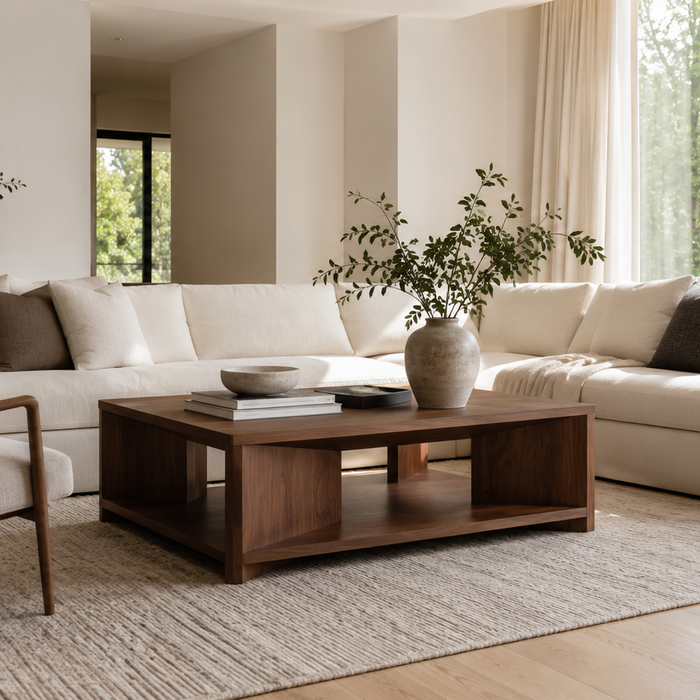 Coffee Table Decision Guide with a modern living room and elegant walnut coffee table.