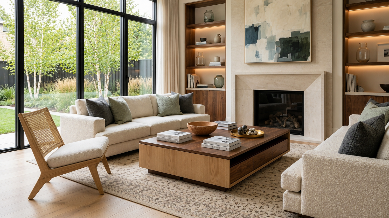 Coffee table features and storage guide showing a luxury living room with a functional modern coffee table designed for everyday use.