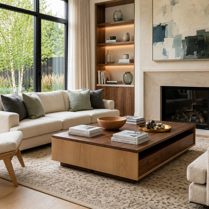 Coffee table features and storage guide showing a luxury living room with a functional modern coffee table designed for everyday use.