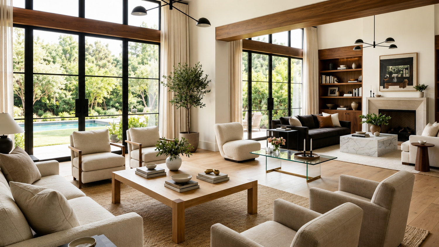 Coffee table materials guide comparing wood, glass, metal, and marble coffee tables in a luxury living room