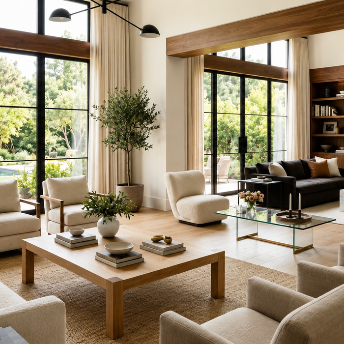 Coffee table materials guide comparing wood, glass, metal, and marble coffee tables in a luxury living room