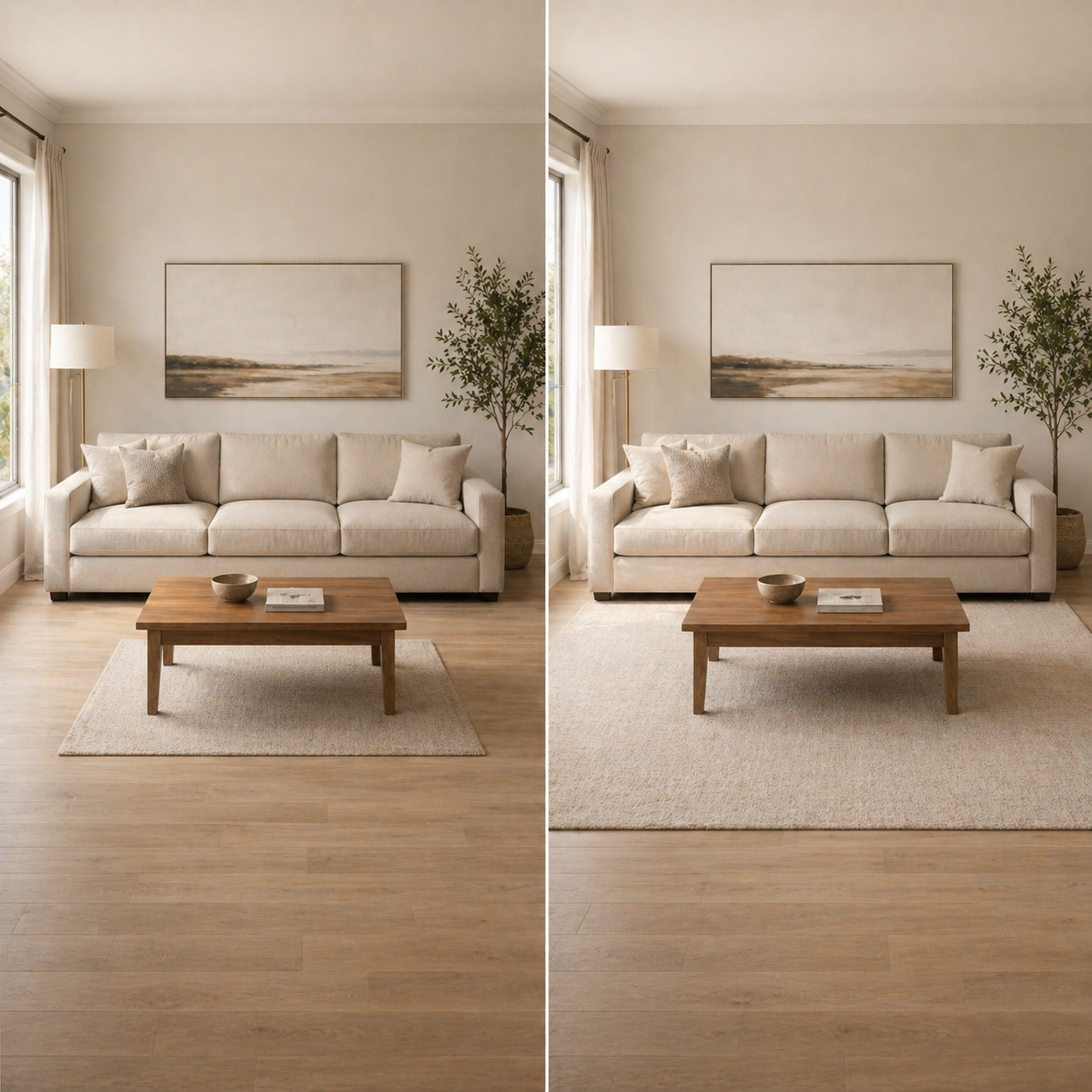 What size rug under a coffee table in a living room showing a small rug versus a correctly sized rug that fits the sofa and seating area