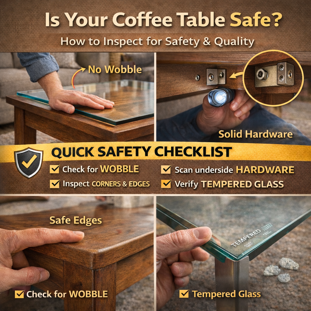 Coffee table safety inspection showing wobble test, underside hardware check, rounded edges, and tempered glass marking verification
