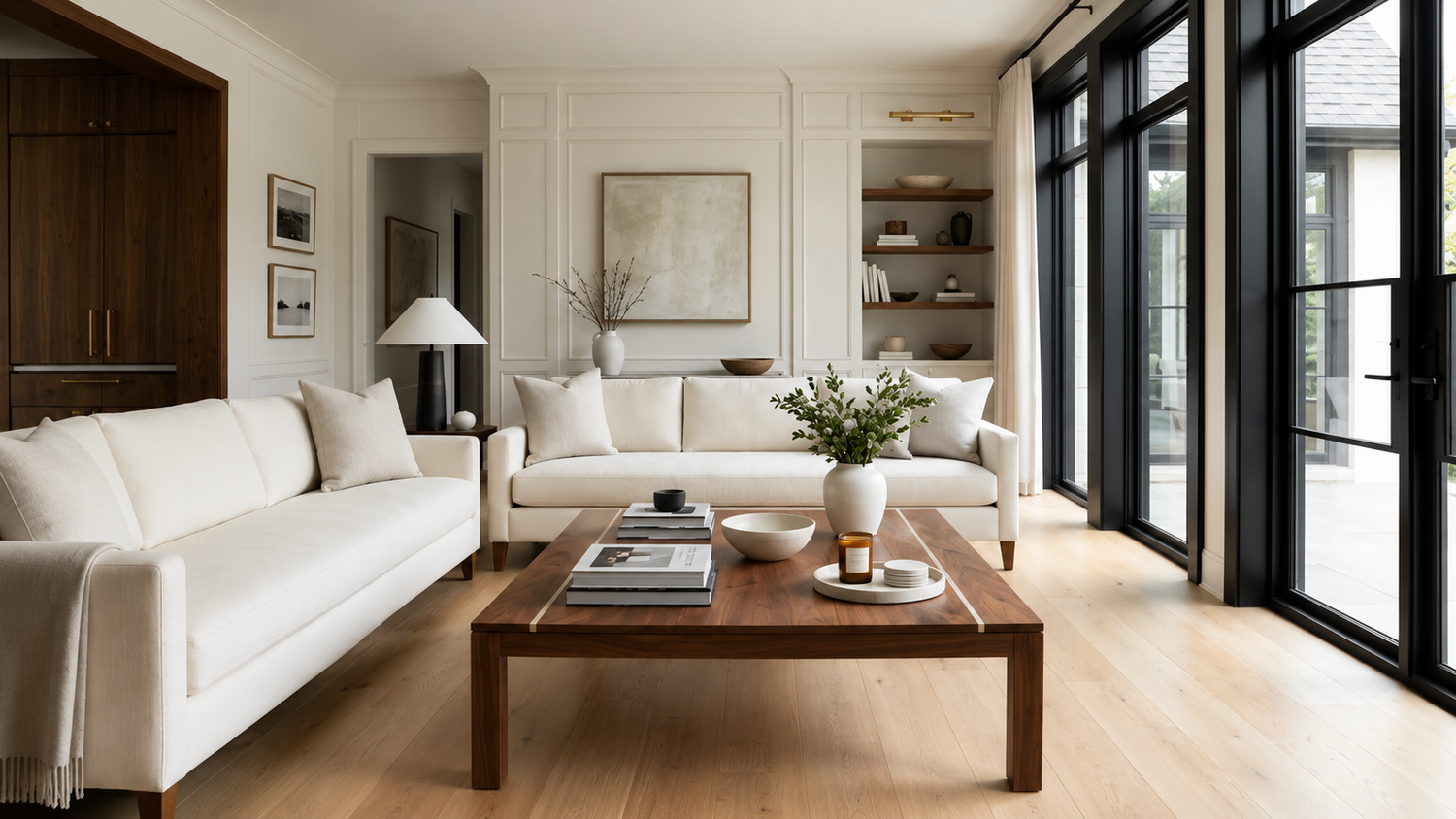 Coffee table shape and sizing guide showing a well-proportioned luxury living room with a rectangular coffee table, balanced seating layout, and comfortable circulation