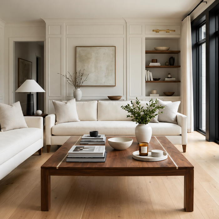 Coffee table shape and sizing guide showing a well-proportioned luxury living room with a rectangular coffee table, balanced seating layout, and comfortable circulation