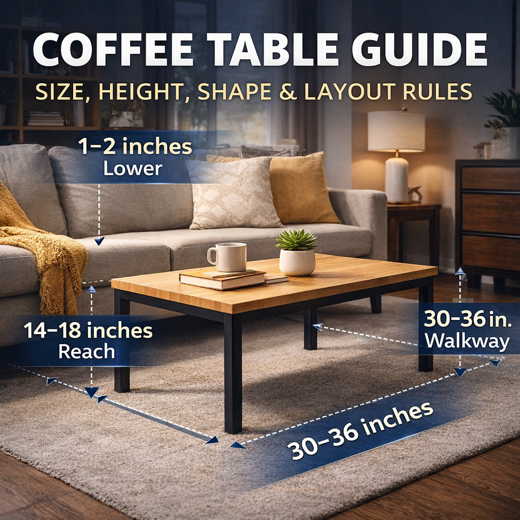 Modern living room with perfectly sized coffee table showing ideal spacing, height, and layout rules for a comfortable, clutter-free space
