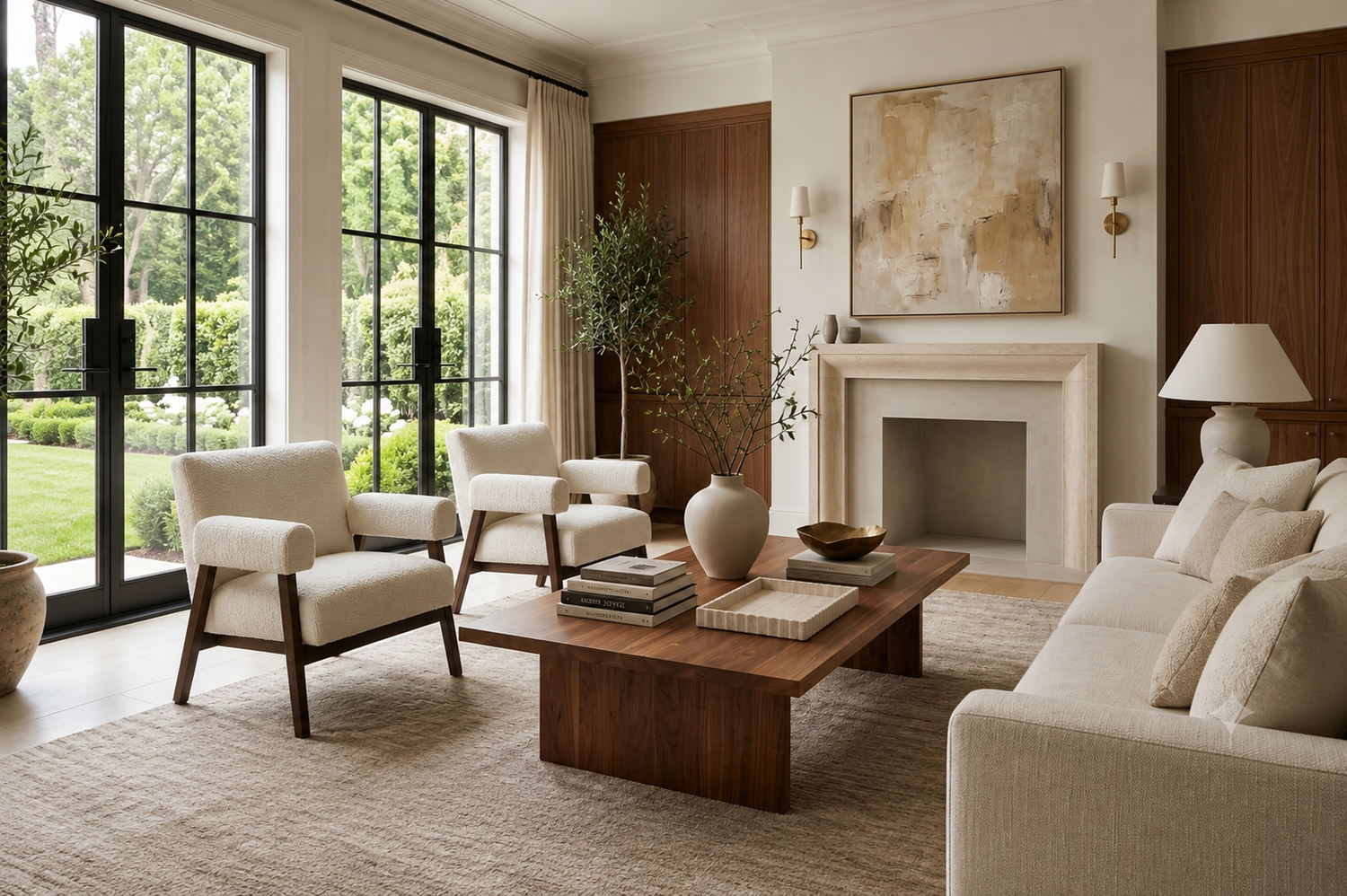 How to choose the right coffee table for a living room with a modern walnut coffee table, cream sectional sofa, and balanced furniture layout