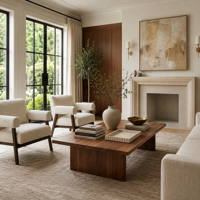 How to choose the right coffee table for a living room with a modern walnut coffee table, cream sectional sofa, and balanced furniture layout