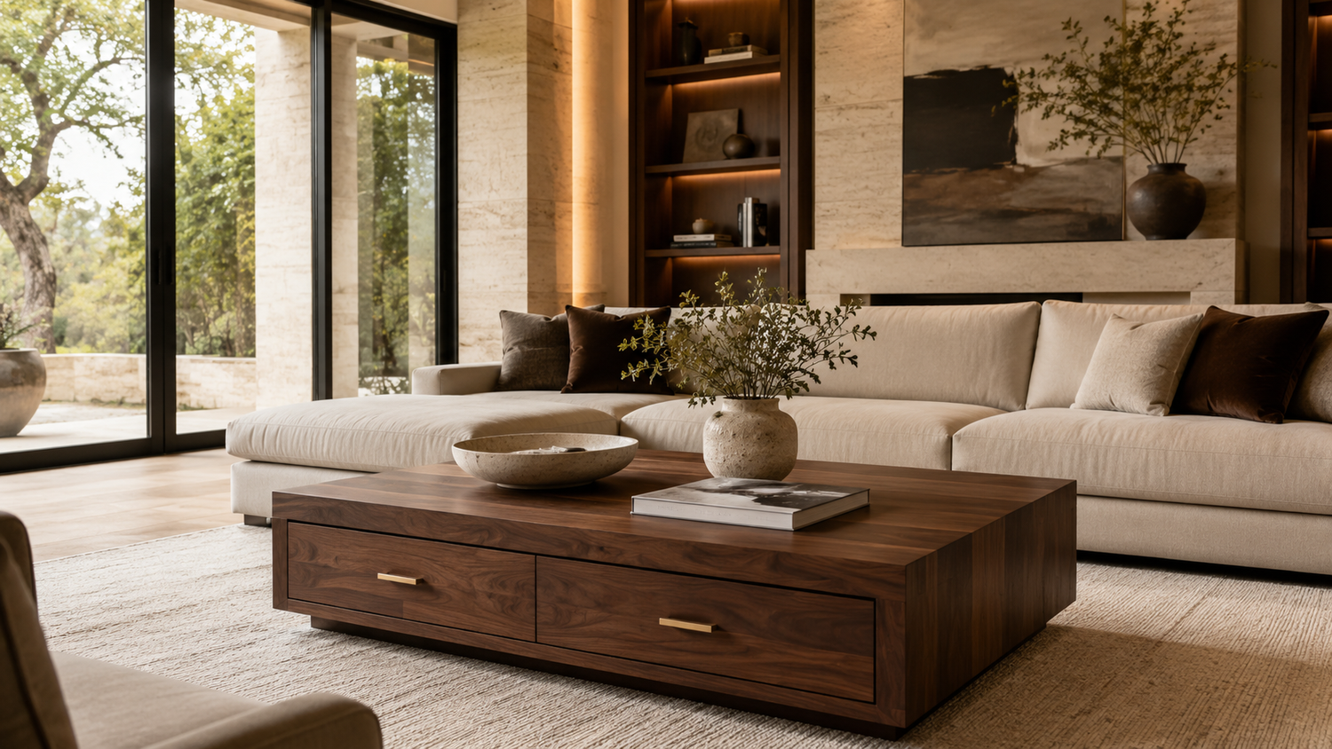 Luxury living room featuring a coffee table with drawers, illustrating the hidden storage benefits compared with an open shelf coffee table.