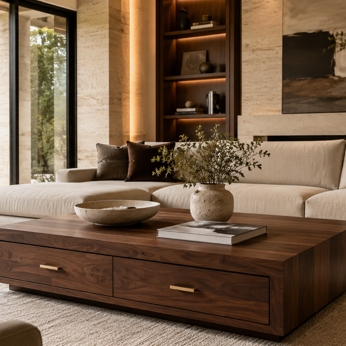 Luxury living room featuring a coffee table with drawers, illustrating the hidden storage benefits compared with an open shelf coffee table.