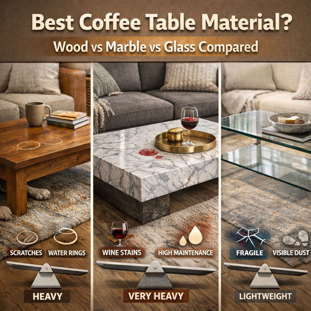 Best coffee table material comparison: wood vs marble vs glass with durability and maintenance differences