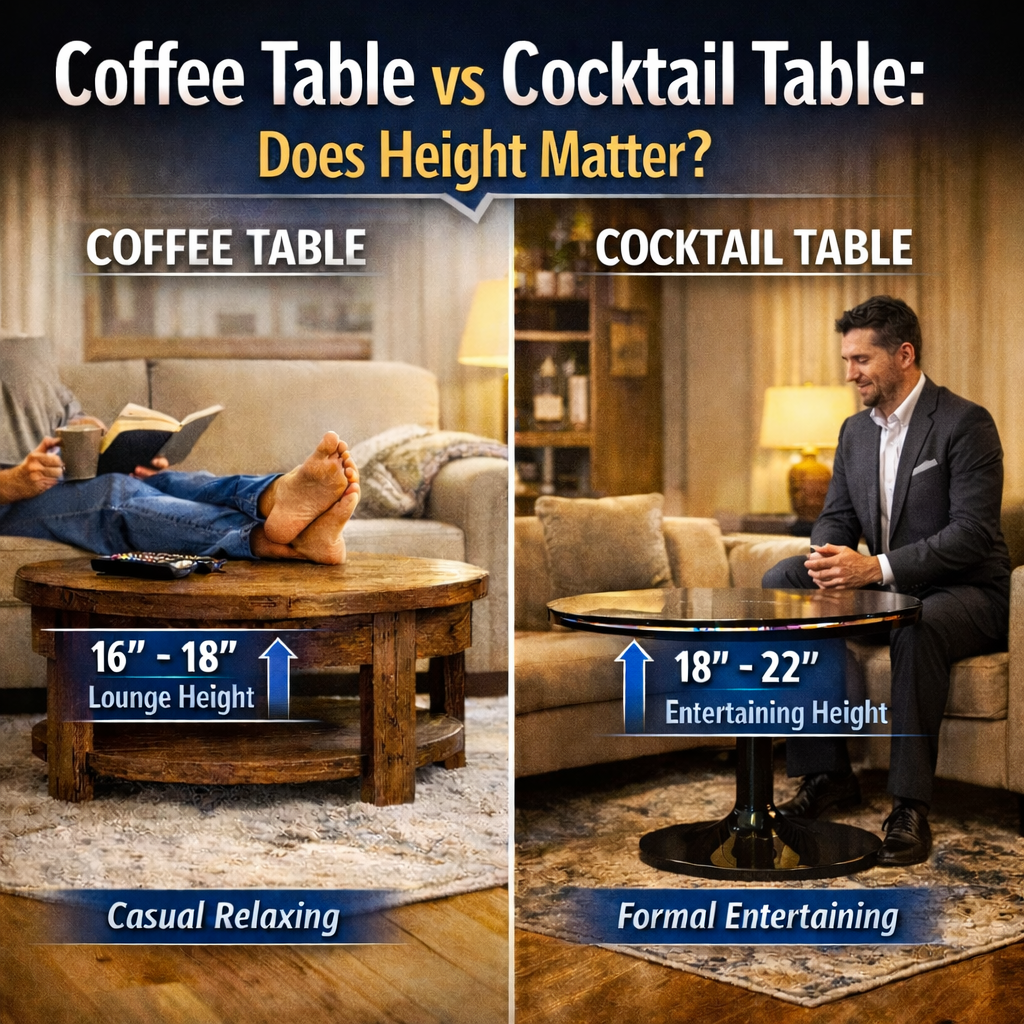 Side-by-side comparison of coffee table (16–18 inches) and cocktail table (18–22 inches) showing height difference relative to sofa seating.
