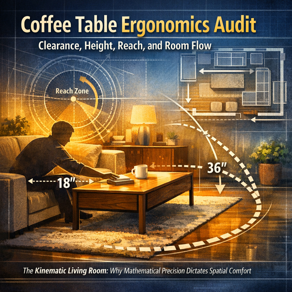 Coffee table ergonomics diagram showing 18-inch reach clearance from sofa and 36-inch walkway space for room flow