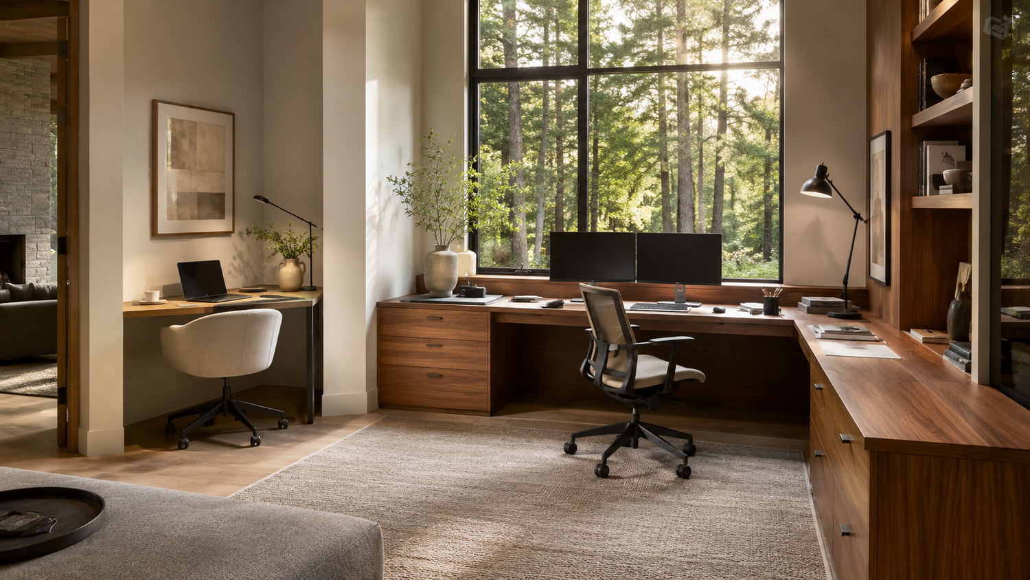 Corner desk vs L-shaped desk comparison in a home office showing workspace size, room efficiency, and workstation capacity