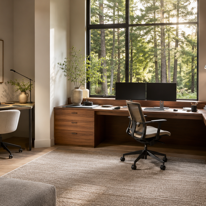 Corner desk vs L-shaped desk comparison in a home office showing workspace size, room efficiency, and workstation capacity