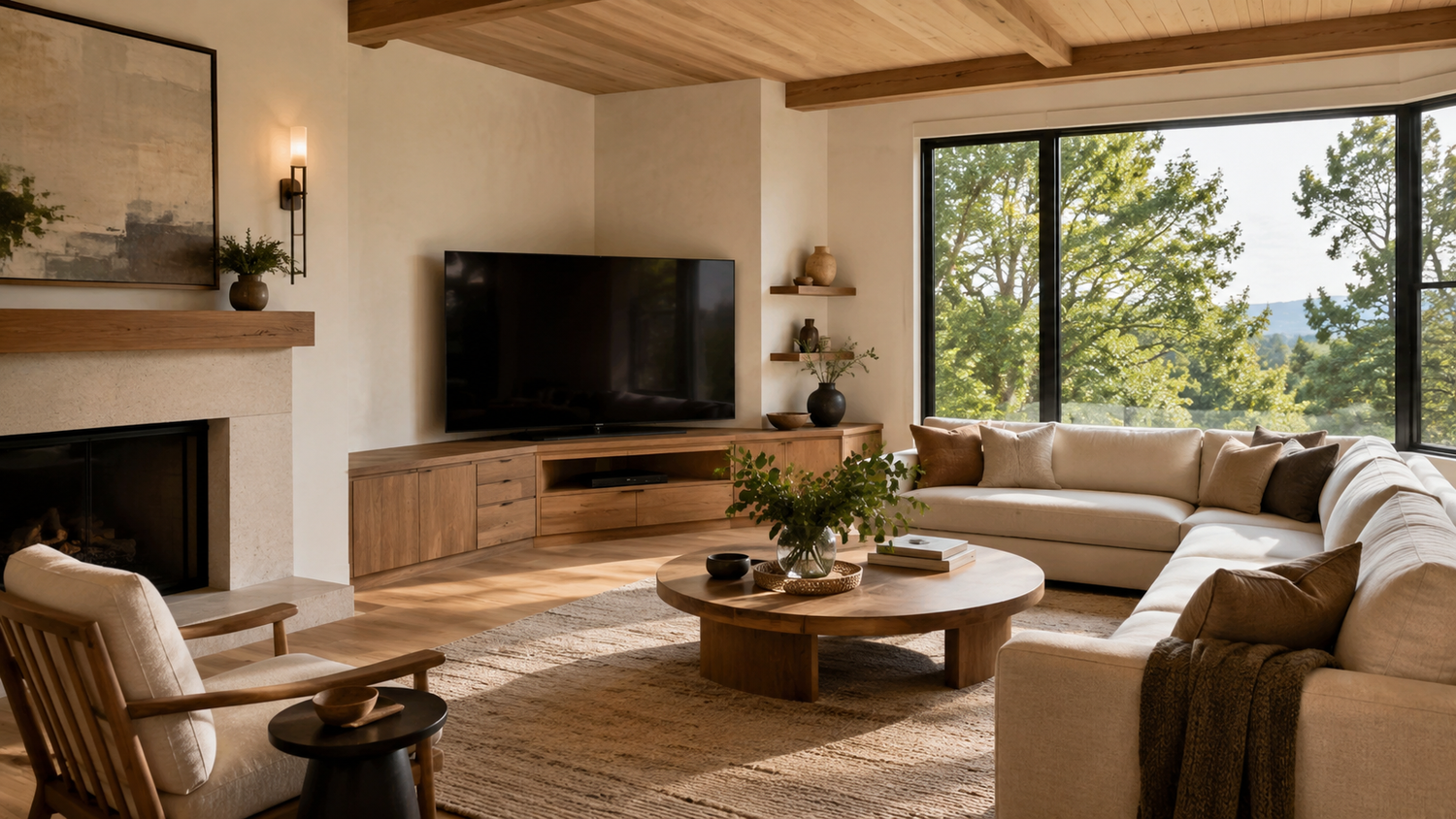 Luxury living room featuring a corner TV stand layout compared with a standard TV stand arrangement for space planning, viewing comfort, and furniture flexibility.