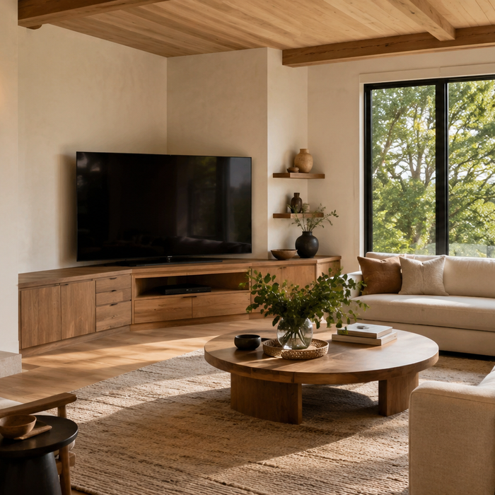 Luxury living room featuring a corner TV stand layout compared with a standard TV stand arrangement for space planning, viewing comfort, and furniture flexibility.