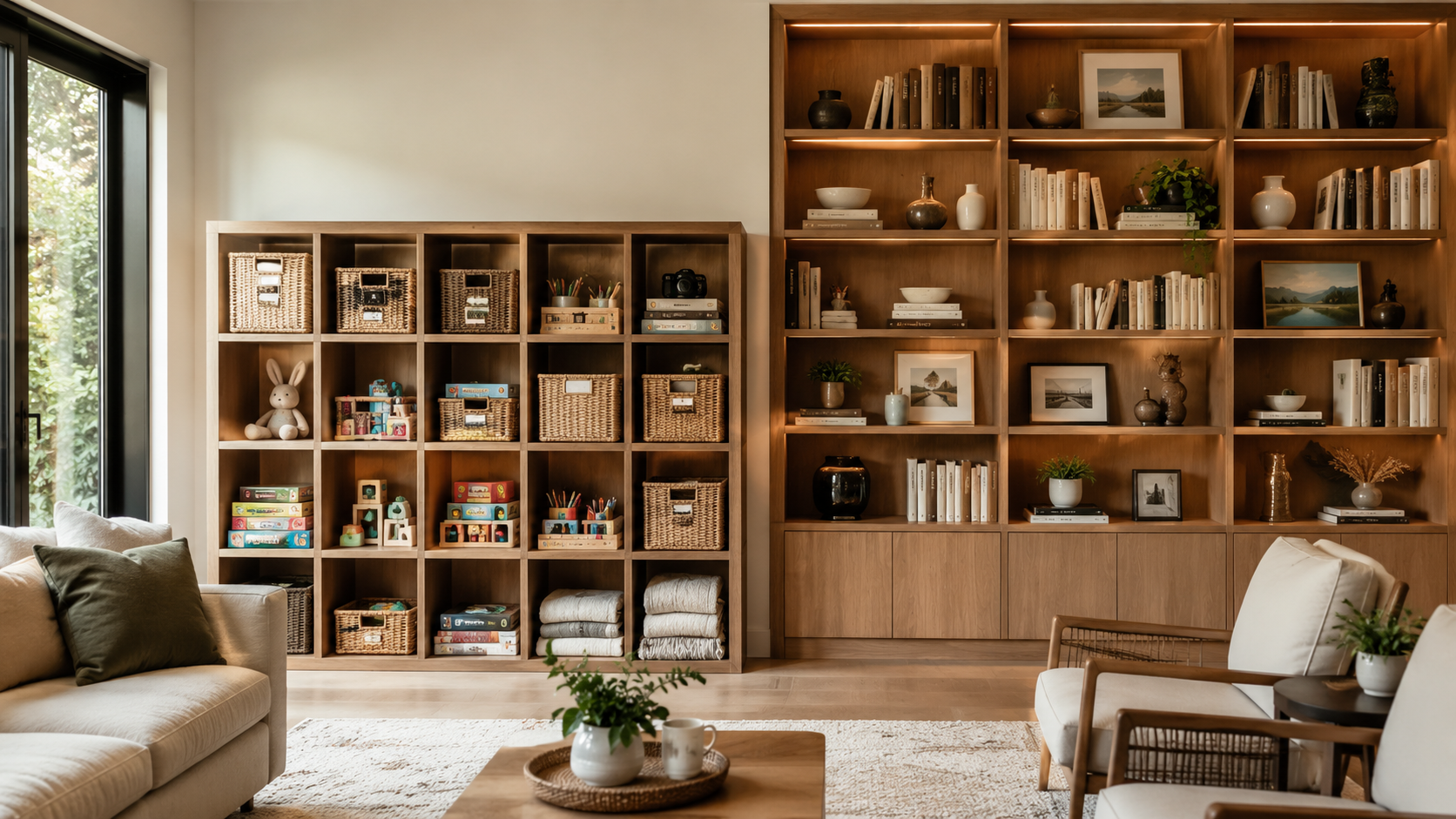 Cube storage vs bookcase comparison showing organized cube storage with baskets and mixed household items beside a decorative bookcase displaying books and home décor