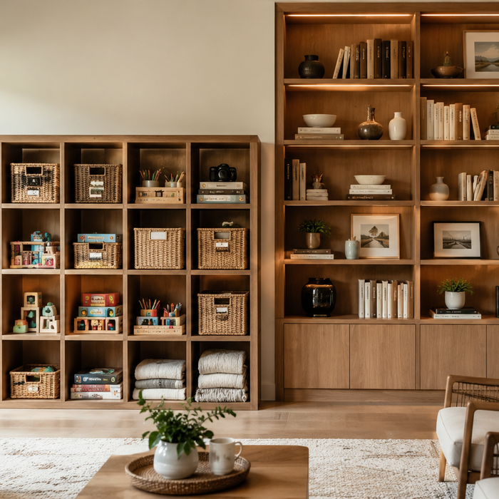 Cube storage vs bookcase comparison showing organized cube storage with baskets and mixed household items beside a decorative bookcase displaying books and home décor