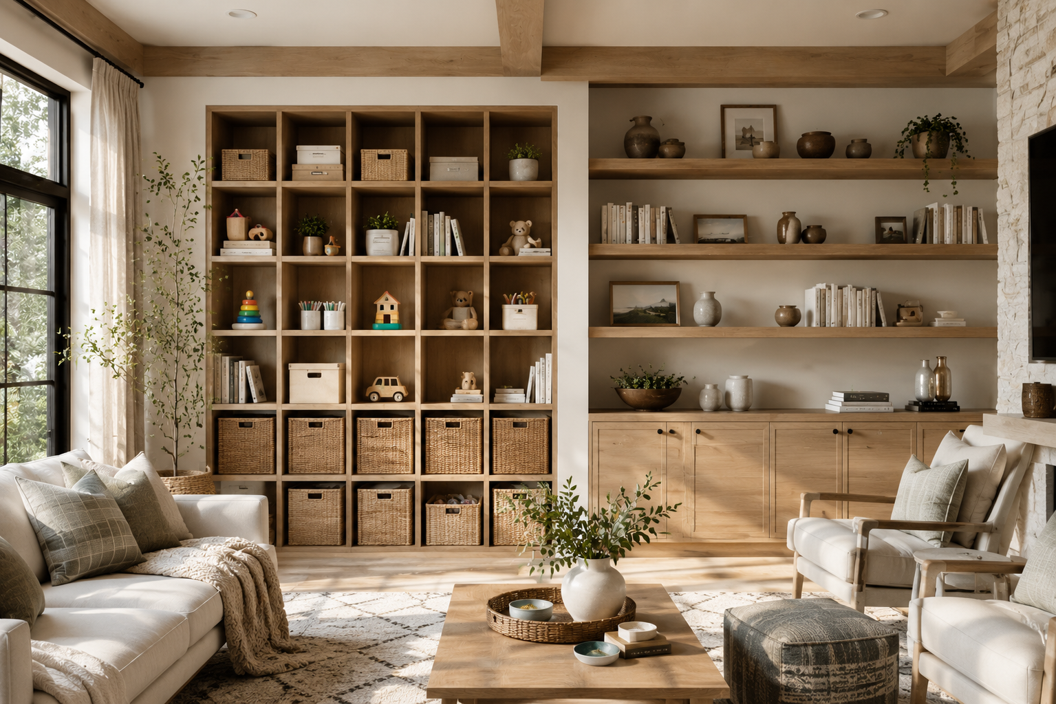 Cube storage vs traditional shelving comparison showing compartmentalized storage and open shelf organization
