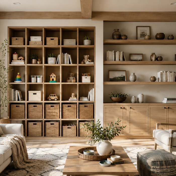 Cube storage vs traditional shelving comparison showing compartmentalized storage and open shelf organization