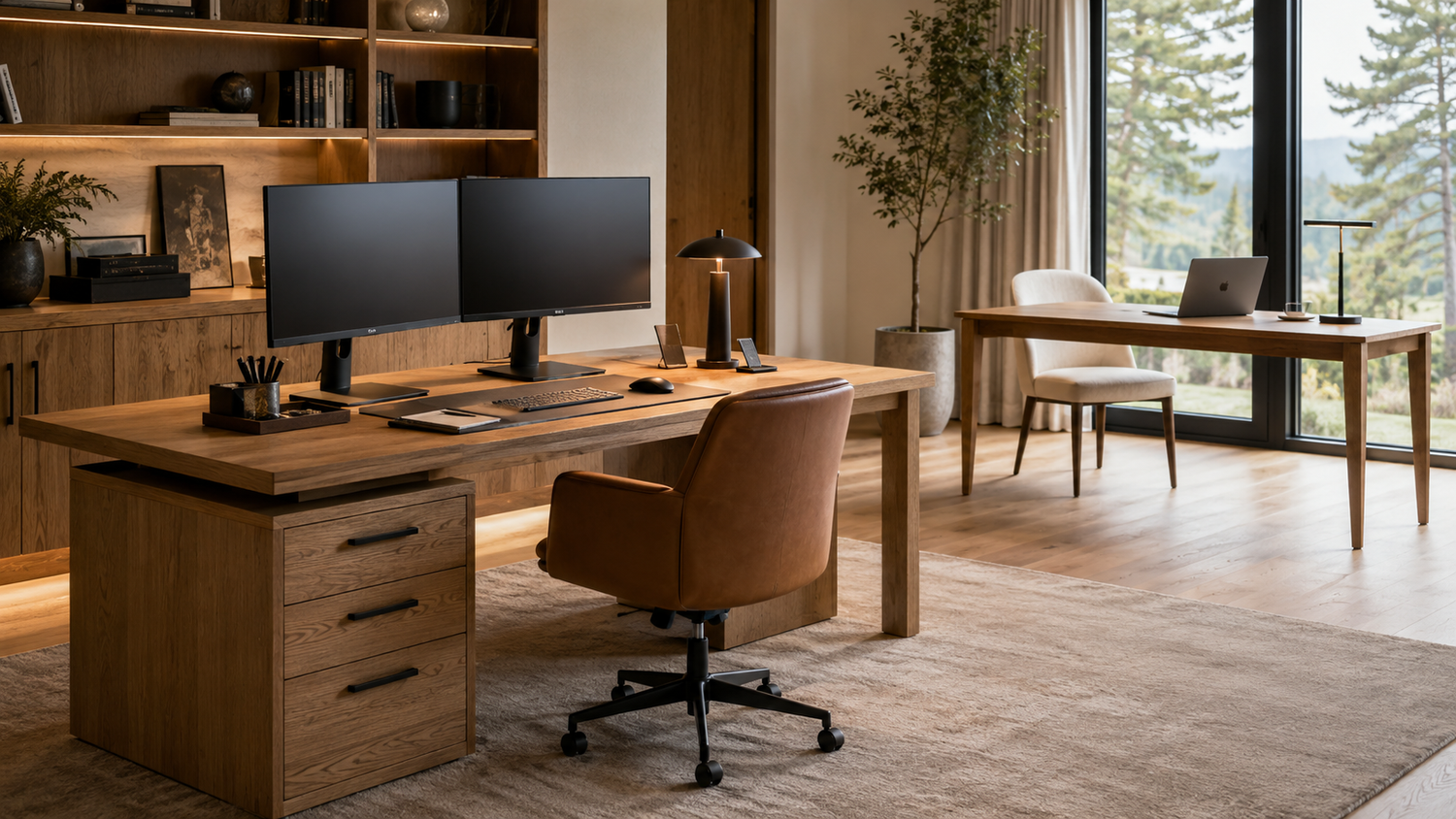 Desk with drawers vs desk without drawers comparison in a luxury home office showing storage, organization, legroom, and workspace flexibility