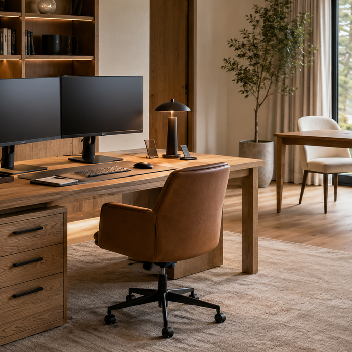 Desk with drawers vs desk without drawers comparison in a luxury home office showing storage, organization, legroom, and workspace flexibility
