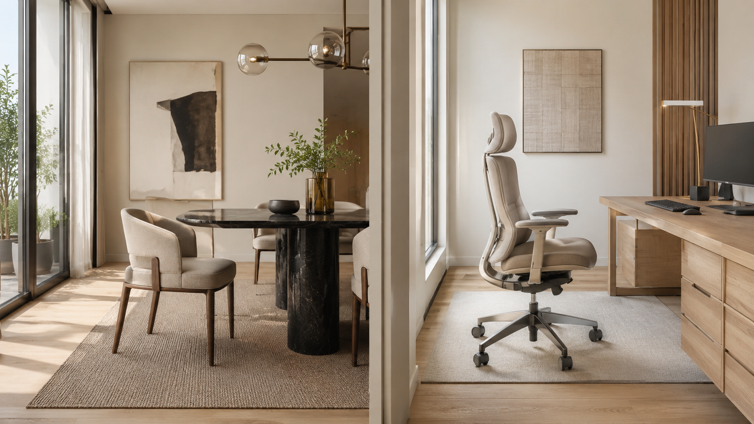 Dining chair vs office chair for working from home guide showing two seating approaches for comfort and productivity