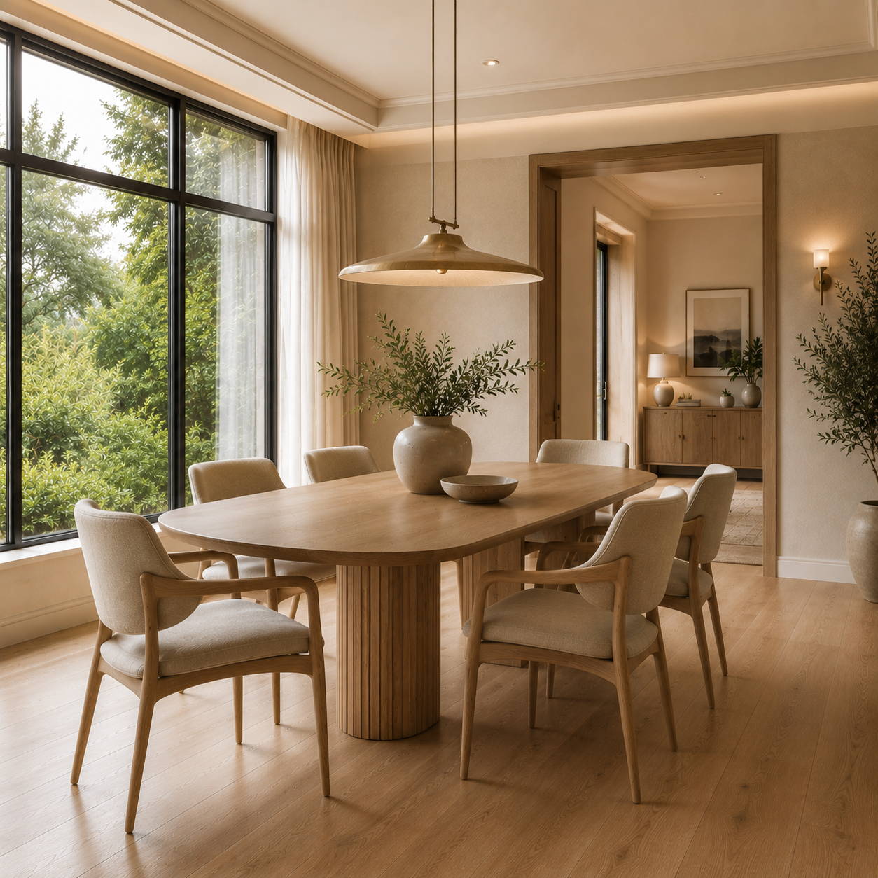 Complete dining table and chair buying guide showing a modern dining room with wood table, upholstered chairs, and balanced layout
